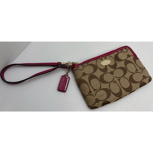 Coach Khaki Cranberry Pink Signature Jacquard Corner Zip Wristlet Wallet-Classic - Picture 1 of 6
